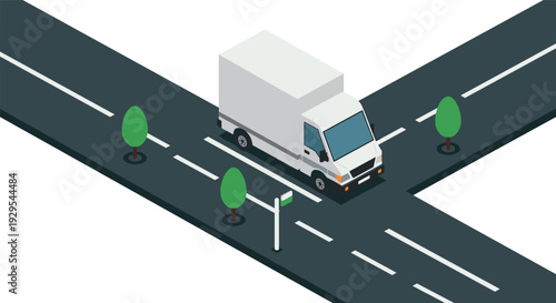 white delivery truck driving on isometric intersection with trees and street sign flat vector illustration