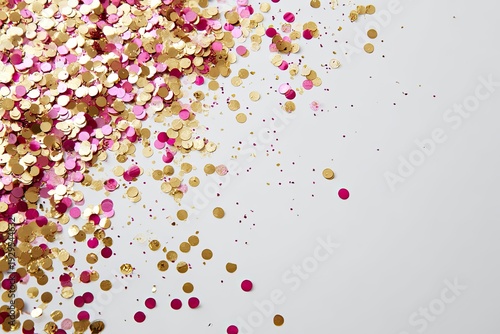 Glimmering gold and fuchsia confetti scattered across a stark white background
