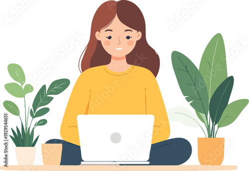Remote Work Lifestyle Vector Set – People Working from Home with Laptop, Coffee, and Plants