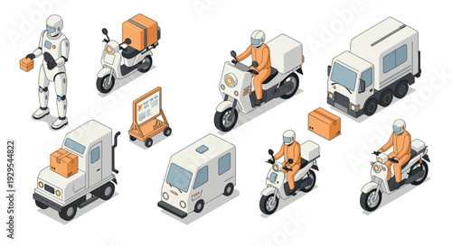 delivery robot and courier rider collection with scooters trucks and packages in isometric hand drawn style for logistics and shipping design