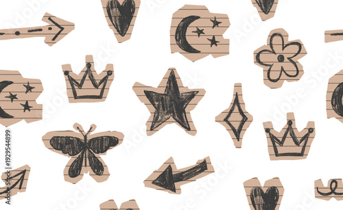 Seamless pattern with paper cutout shape and crayon drawn elements