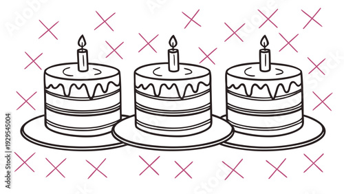 Three cakes with lit candles on a decorative background Vector