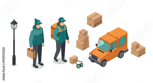 delivery person with backpack and parcel courier in teal clothes orange van and cardboard box set in isometric style