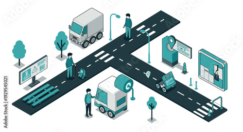 isometric smart delivery trucks with people and digital navigation devices on road intersection in modern hand drawn style