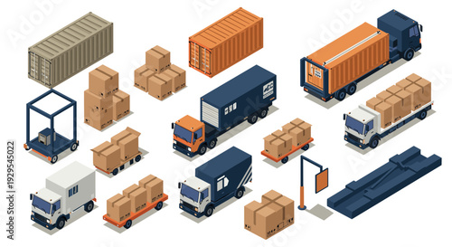 isometric collection of cargo trucks shipping containers and cardboard boxes in digital vector style