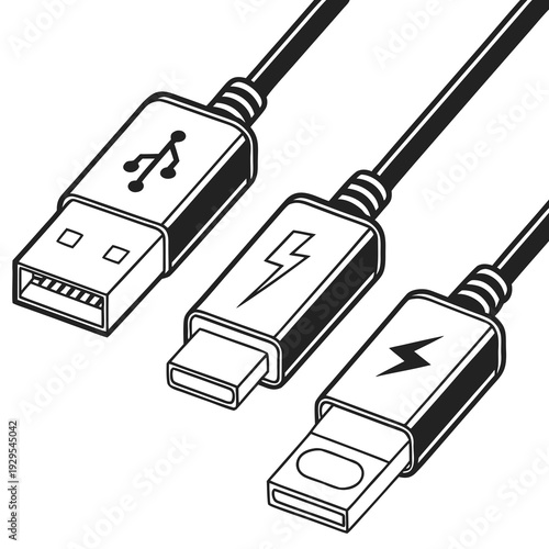 Usb cables with different connectors on a white background Vector