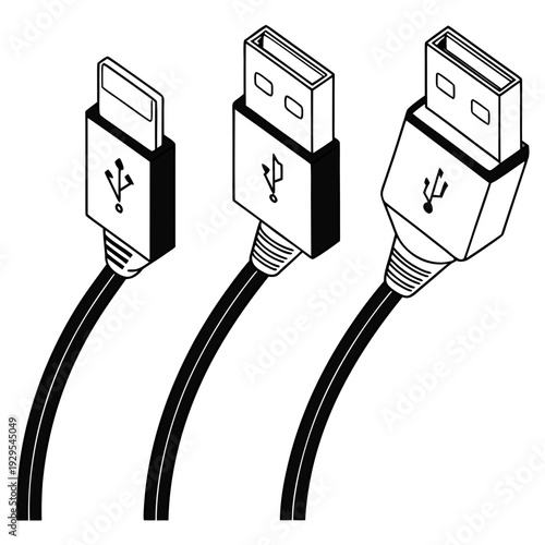 Usb cables with different connector types are shown Vector