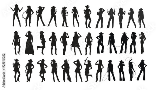 Collection of cowgirl silhouettes in various poses and outfits