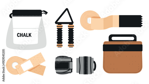 set of hand drawn fitness accessories including chalk bag wrist wraps grip strengthener and athletic tape