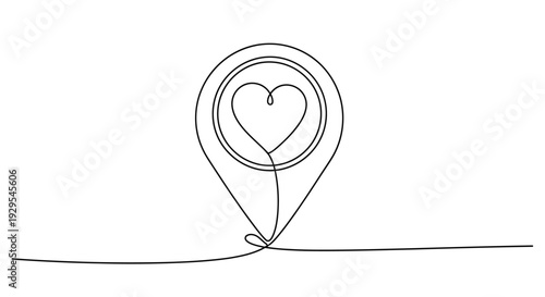 Map pin with heart inside, romantic single line art