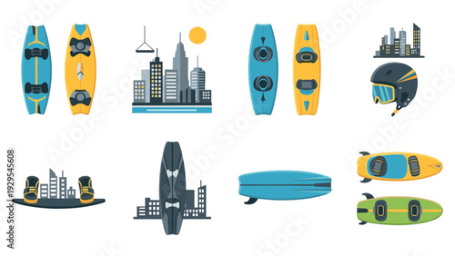 wakeboard and helmet set hand drawn colorful flat urban water sport graphics collection