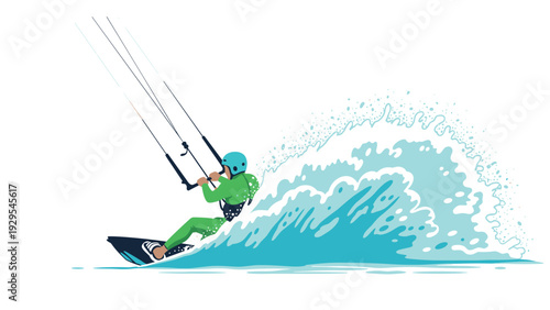 kitesurfer riding waves in water sport hand drawn vector illustration