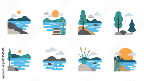 set of hand drawn lake and mountain landscape icons with trees reeds and sun in flat style