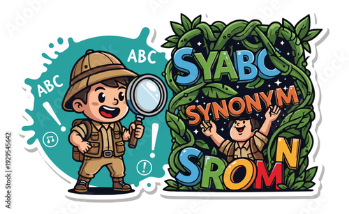 Colorful language development illustration for kids with explorer theme