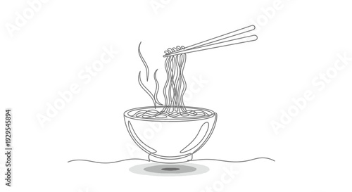 Bowl of Noodles with Chopsticks, Continuous Line Drawing