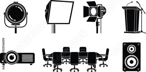 Black and white silhouette icons of conference equipment including spotlight, softbox, studio light, podium with microphones, projector, conference table, chairs, and speaker for presentation setup