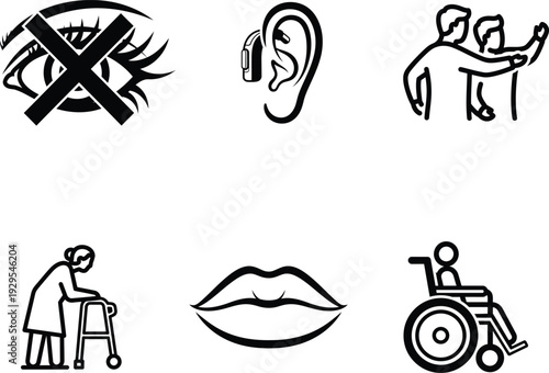 black and white icons of disabled people and body parts  accessibility symbols
