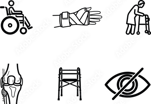 black and white icons of people with disabilities and injuries  various assistive devices