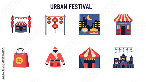 urban festival icon collection with market stalls lanterns food and festive elements in flat style
