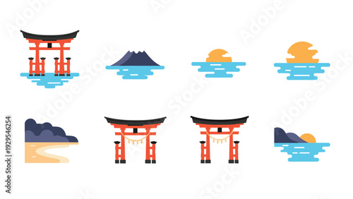 set of japanese torii gates mountains and sun flat style travel icons