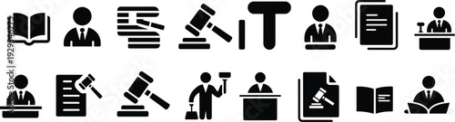 Collection of Black Icons Representing Law Justice and Legal Professions court judge