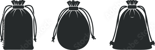 Black drawstring bags in three different views