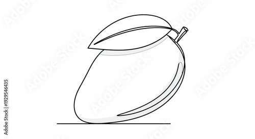 Single line drawing of a ripe mango with leaves and subtle shading