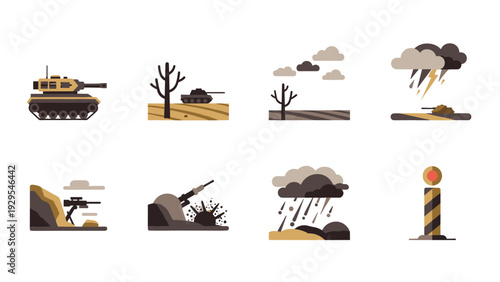 set of military tank and battlefield icons with hand drawn style weather effects and sniper position