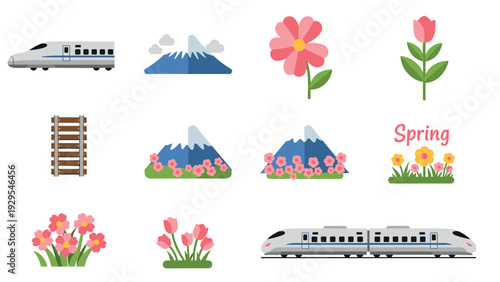 set of hand drawn spring flowers mountain trains and railway icons flat illustration for seasonal design