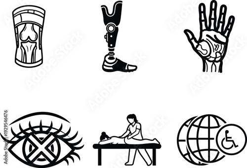 Black and white illustrations of human body parts and disability symbols