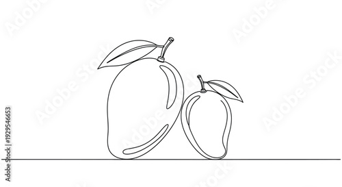 Two mangoes with leaves, single line drawing, healthy fruit concept