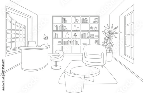 Modern executive office interior line drawing with reception desk lounge chairs bookshelf and indoor plants