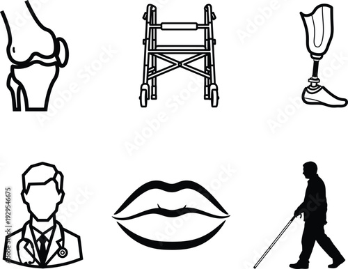 Black and white illustrations of medical and disability related icons and symbols