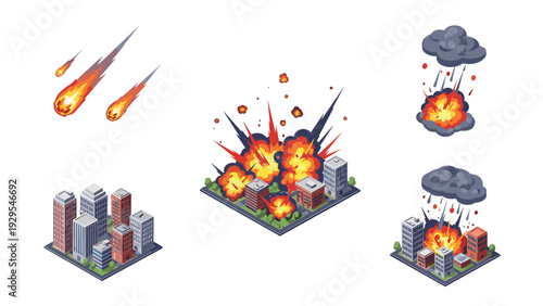 isometric city buildings with meteor fireball attack explosion effects hand drawn set