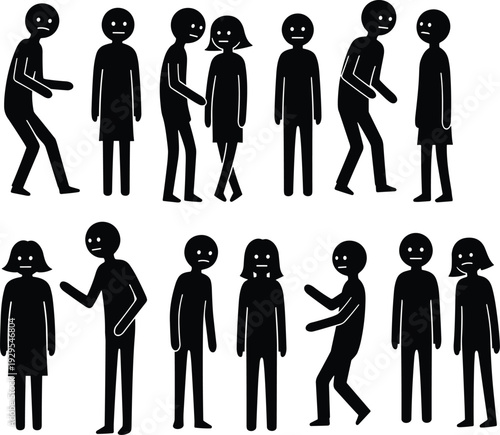 Black silhouette vector illustration of abstract human figures with expressive eyes and mouths, arranged in pairs and groups, symbolizing communication, interaction, emotions, 