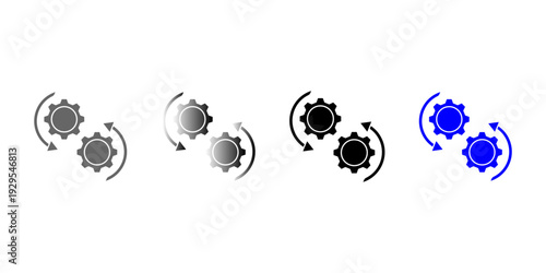 Set of gear settings icons in various styles including flat, gradient, and blue colors for design interface.