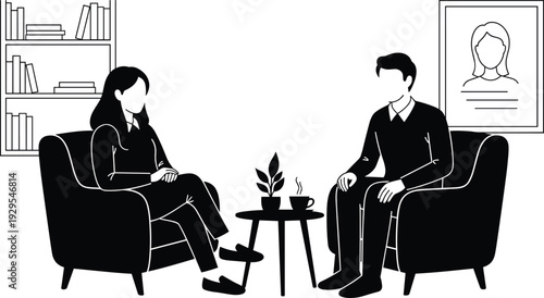 Psychologist counseling session with patient silhouette illustration representing mental health therapy, consultation meeting, psychotherapy discussion and emotional support concept