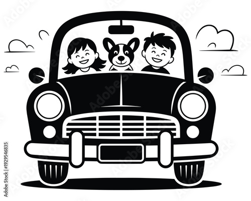 Happy family and dog enjoying a car ride together
