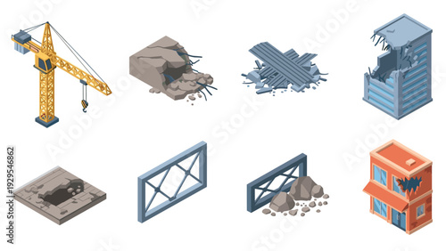 isometric construction and demolition set including crane broken concrete debris damaged buildings and structural elements