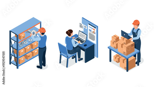 warehouse workers managing inventory and logistics using laptops and shelving in flat isometric style