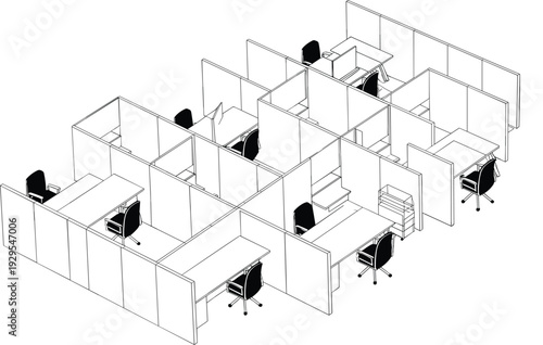 Large isometric office floor plan with multiple rows of partitioned cubicle workstations desks and swivel chairs