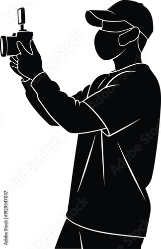Male videographer filming with professional camera and microphone silhouette illustration representing content creation, vlogging, filmmaking and digital media production