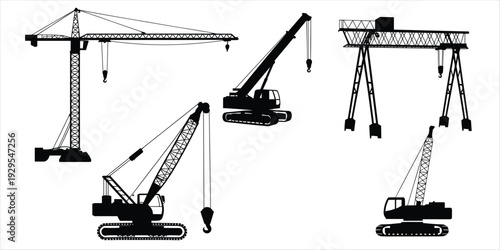 Collection of construction crane silhouettes on a white background illustration