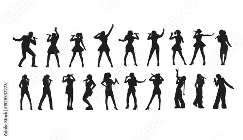 Silhouettes of people singing with microphones in various poses and outfits