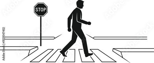 Pedestrian crossing road at zebra crosswalk with stop sign silhouette illustration representing traffic safety, urban transportation and walking regulation concept