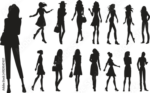 Collection of elegant women in various poses and stylish outfits walking