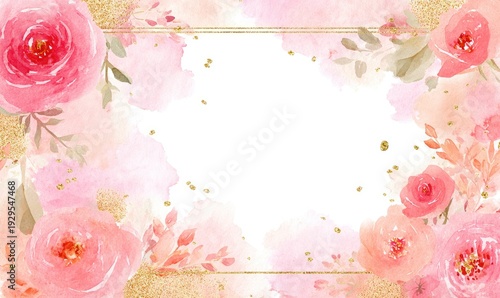 Delicate watercolor roses and foliage frame a golden rectangle with gold flecks