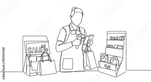 Monoline illustration of a shopkeeper managing sales items in a store during Black Friday on a transparent background