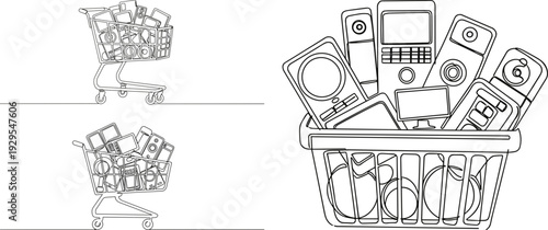 Monoline illustration of shopping cart filled with electronics like smartphones and laptops on a transparent background for Black Friday deals