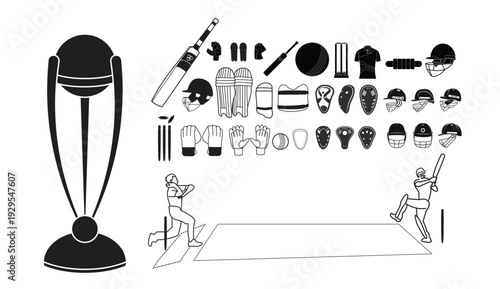 Cricket equipment and players in action on the field